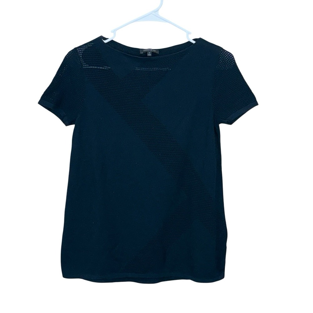 Lafayette 148 Women's Top Small Navy Geometric Textured Pullover Stretch Soft